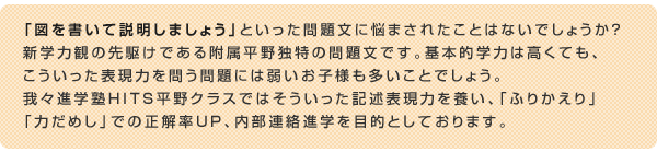 「図を書いて説明しましょう」といった問題文に悩まされたことはないでしょうか？新学力観の先駆けである附属平野独特の問題文です。基本的学力は高くても、こういった表現力を問う問題には弱いお子様も多いことでしょう。我々進学塾HITS平野クラスではそういった記述表現力を養い、「ふりかえり」「力だめし」での正解率UP、内部連絡進学を目的としております。